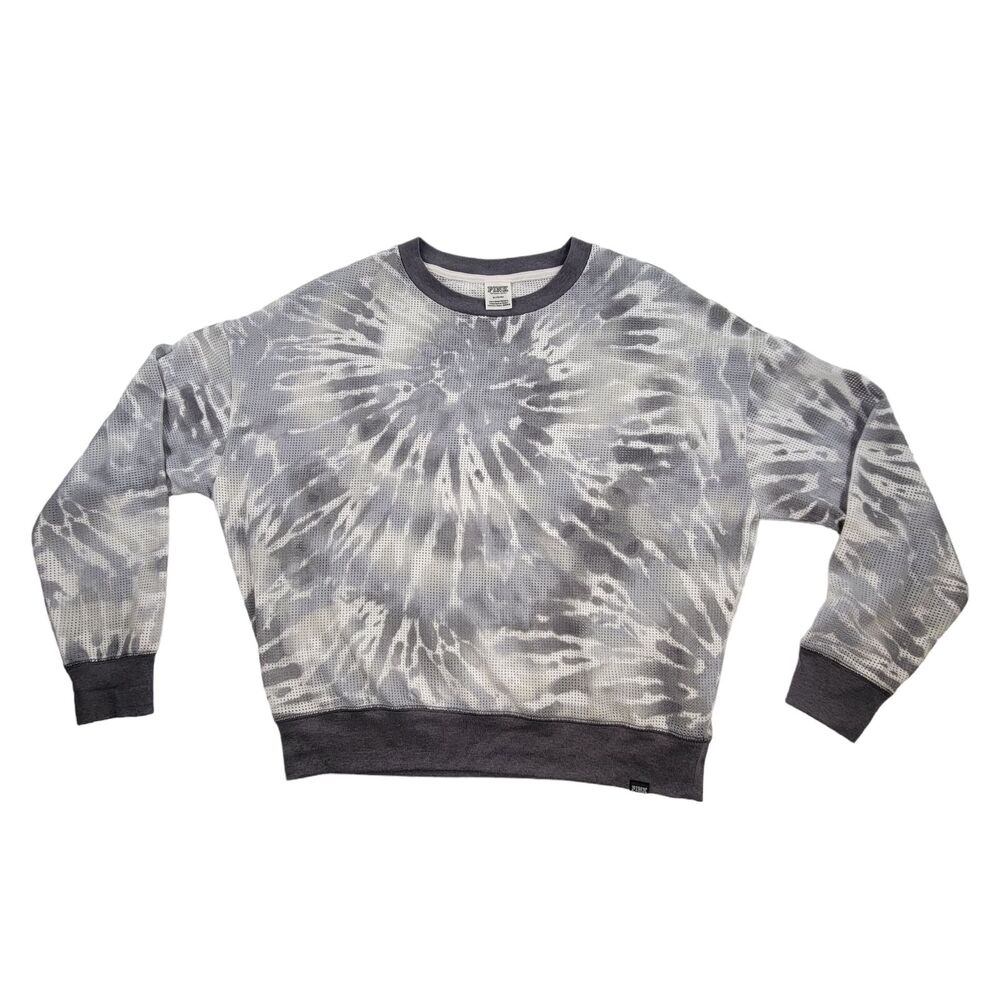 Victorias Secret PINK Tie Dye Mesh Sweatshirt Gray White Long Sleeve Womens Med